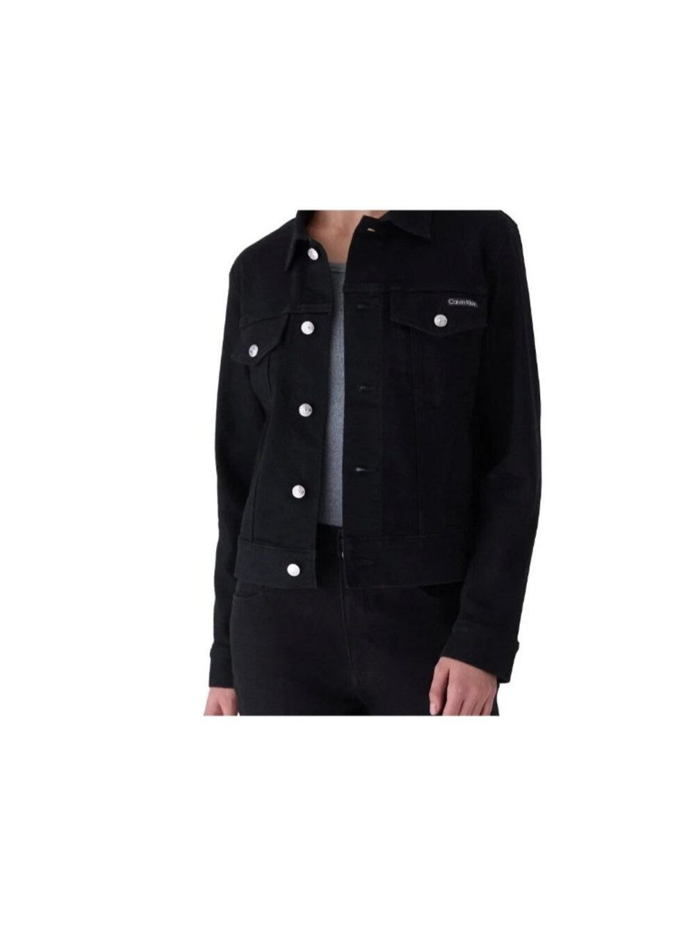 NWT Calvin Klein Women's XL Black Denim Classic Trucker Jacket Stretched